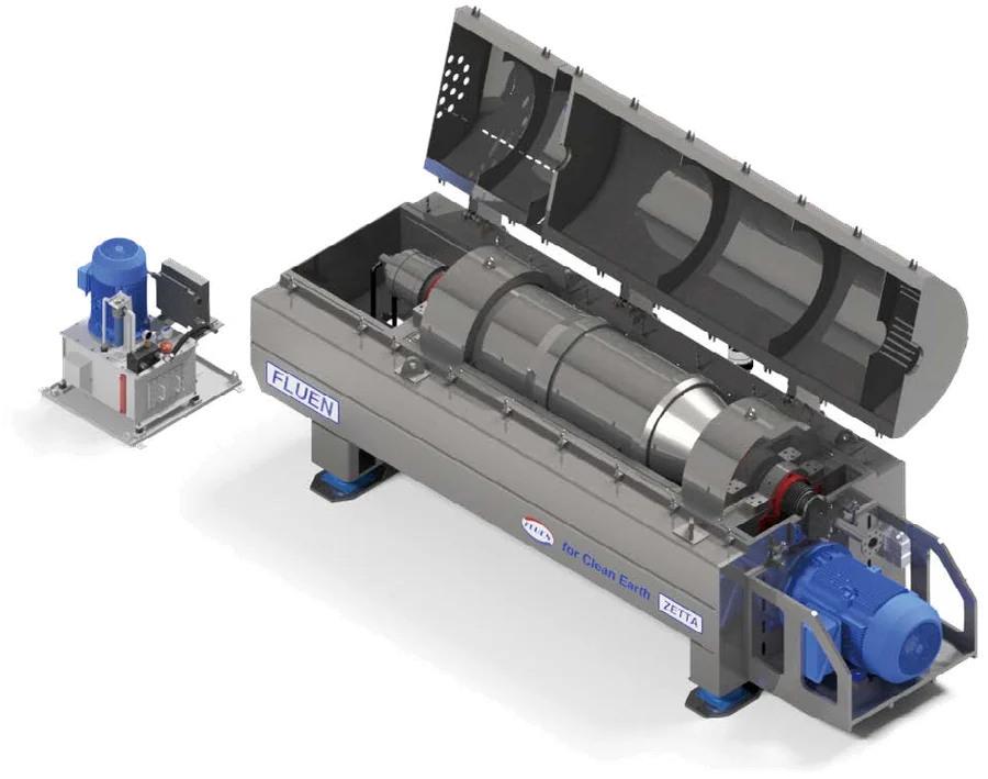 FLUEN decanter centrifuge with hydraulic cover opened